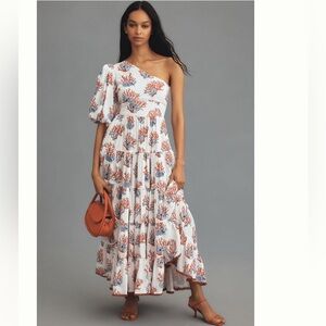 Nwt Priya Israni puff one shoulder maxi dress coral print